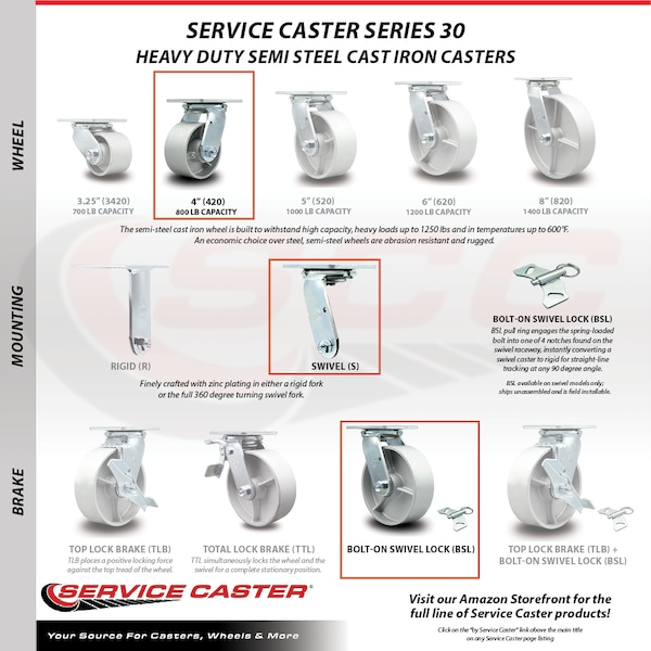 4 Inch Semi Steel Caster Set with Ball Bearings 2 Brakes 2 Swivel Locks SCC